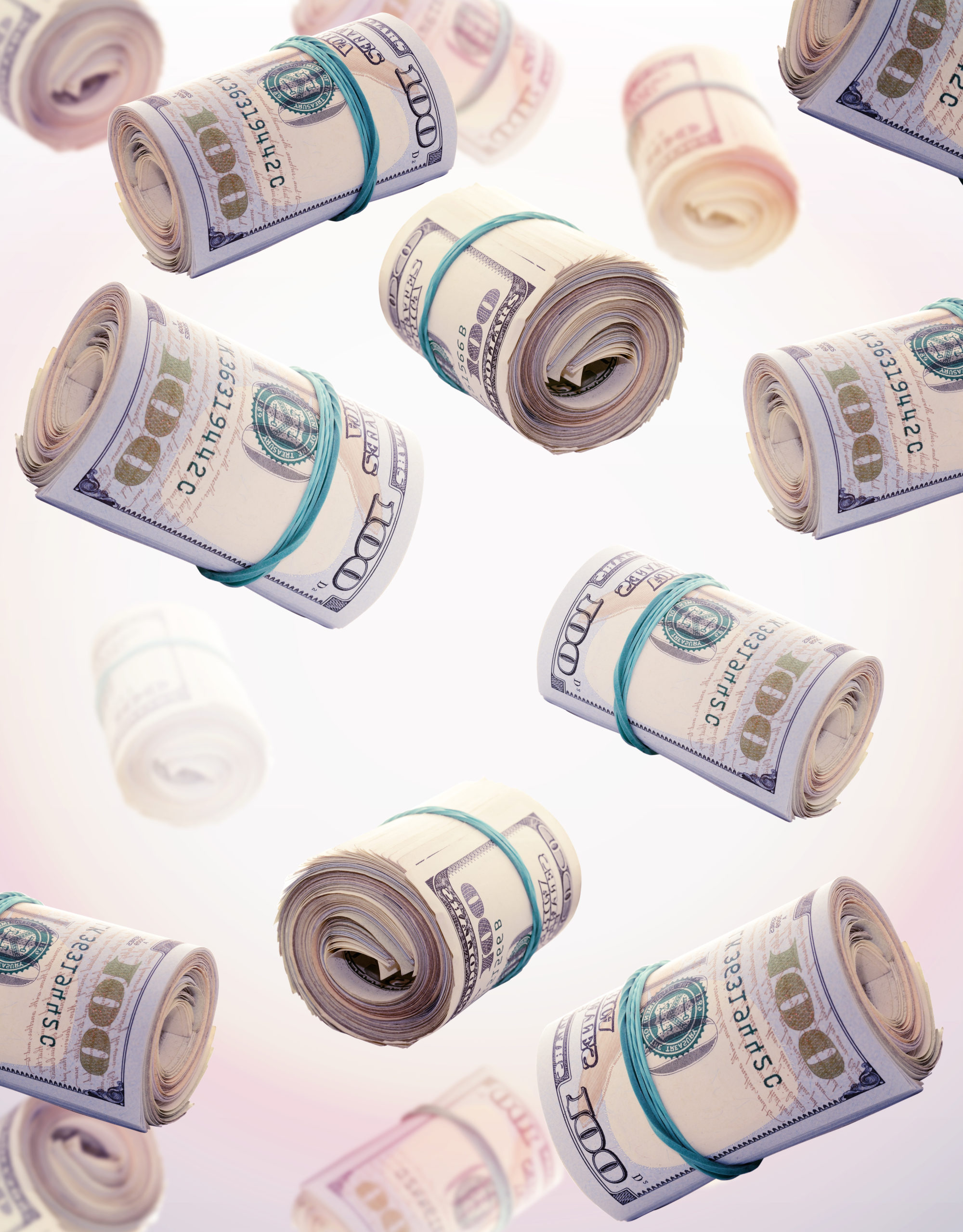 Flying Rolls Of One Hundred Dollar Bills. Abstract money background Rolls Of One Hundred Dollar Bills. Abstract money background